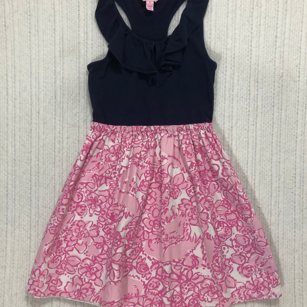 Lilly Pulitzer Girls Navy Pink Floral Ruffle Racerback Dress Size 8